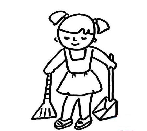 劳动节做家务的小女孩 扫地拖地的简笔画图片