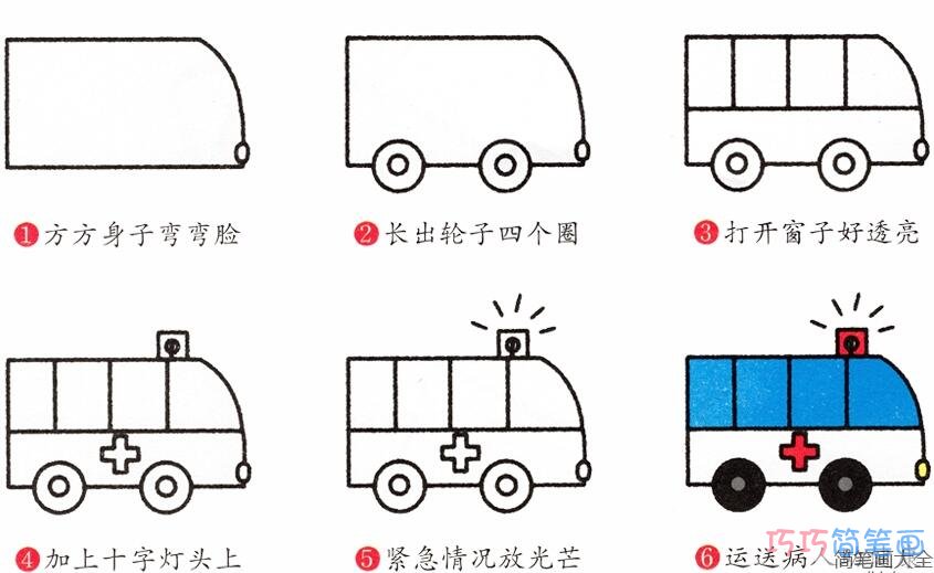 涂色卡通救护车的简单画法带步骤图 救护车简笔画图片