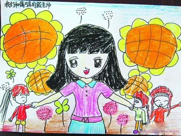 和蔼可亲的老师蜡笔画作品
