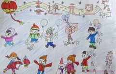 小学生玩雪人庆元旦儿童绘画作品欣赏