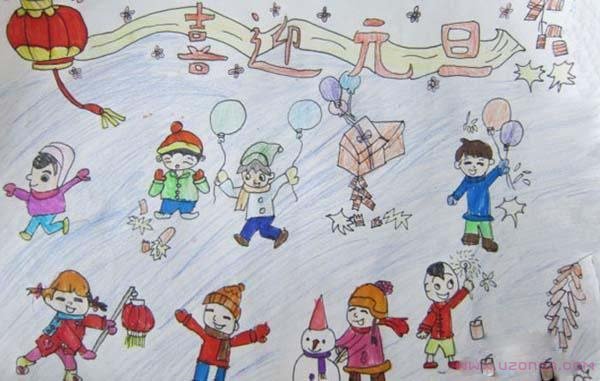 玩雪人庆元旦儿童水彩画作品