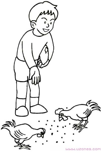 喂鸡的小男孩简笔画卡通图片-www.qqscb.com