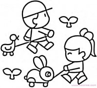玩玩具的可爱小男孩和小女孩简笔画图片（铅笔）