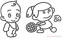 运动打羽毛球的小女孩简笔画卡通图片（铅笔素描）