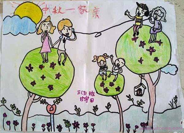 中秋节团圆儿童蜡笔画