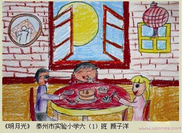 六年级中秋明月一家团圆儿童蜡笔画作品-www.qqscb.com