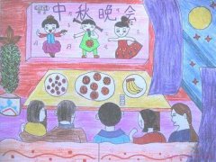 中秋节一家人看中秋晚会优秀儿童彩铅画作品