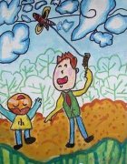＂和爸爸一起放风筝＂优秀获奖父亲节儿童画作品