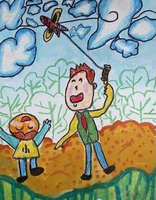 放风筝父亲节儿童画作品图片-www.qqscb.com