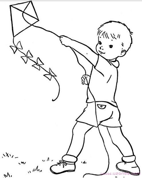 正在放风筝的小男孩简笔画图片-www.qqscb.com