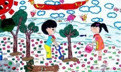 ＂小学生河边种树＂植树节优秀儿童画作品图片