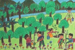 植树节大家一起种树儿童水彩画作品图片