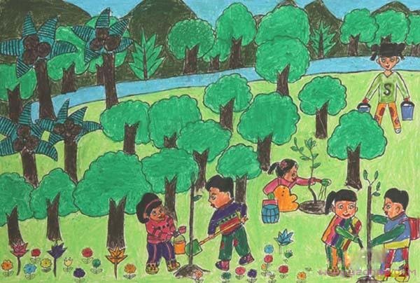 植树节,种树儿童水彩画作品图片