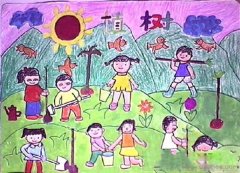 3月12日小学生野外植树儿童水彩画作品