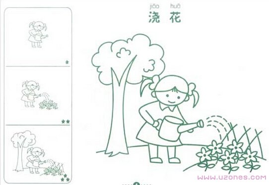 可爱小女孩浇花简笔画卡通图片(彩铅画)-www.qqscb.com