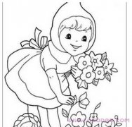 小女孩路边采摘花朵简笔画图片（铅笔素描）