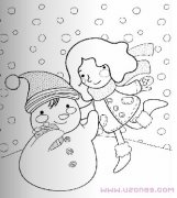 和雪人玩耍的小女孩简笔画图片手绘（铅笔素描）