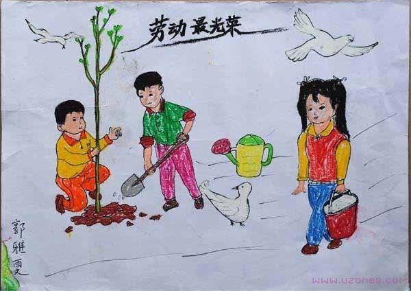 四年级学生劳动节植树儿童水彩画作品大全-www.qqscb.com
