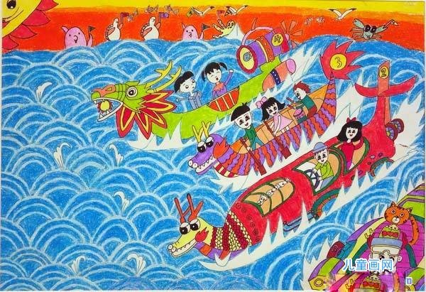 端午节龙舟赛儿童水彩画作品欣赏-www.qqscb.com