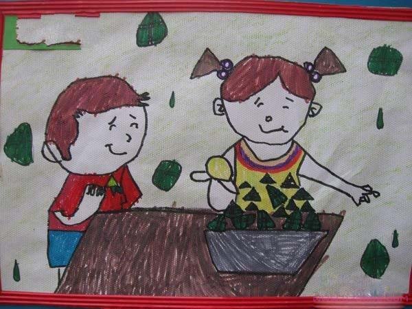 幼儿园端午节吃粽子儿童水彩画作品欣赏-www.qqscb.com