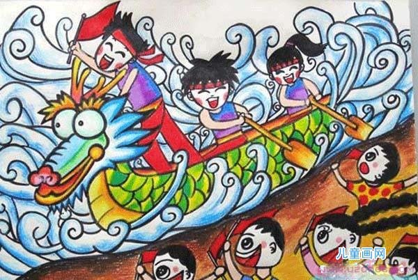 赛龙舟端午节获奖儿童水彩画作品图片-www.qqscb.com
