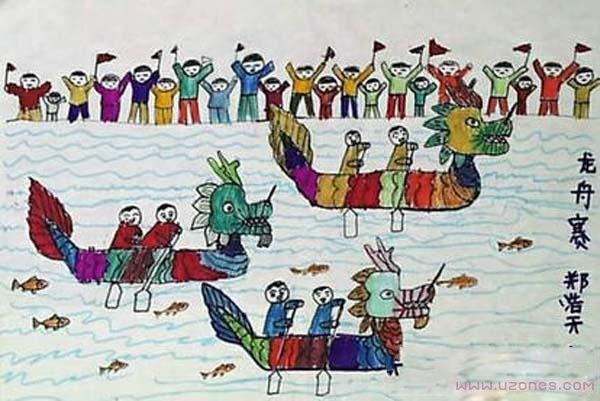 赛龙舟端午节获奖儿童水彩画作品图片-www.qqscb.com