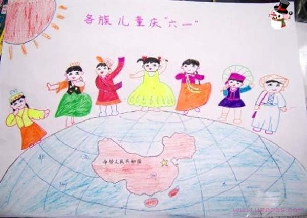 手绘各族儿童庆祝六一儿童节彩铅画作品图片-www.qqscb.com