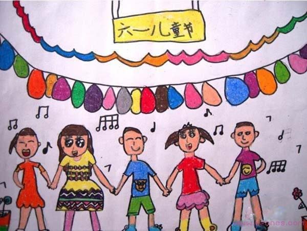 幼儿携手庆祝六一儿童节蜡笔画获奖作品-www.qqscb.com