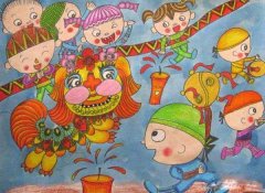 小学生过春节舞狮儿童水彩画获奖作品图片