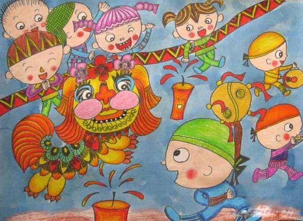 小学生过春节舞狮儿童水彩画获奖作品图片-www.qqscb.com