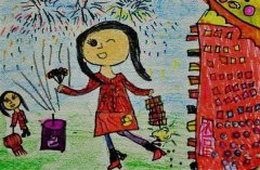 小女孩春节放鞭炮儿童绘画作品图片