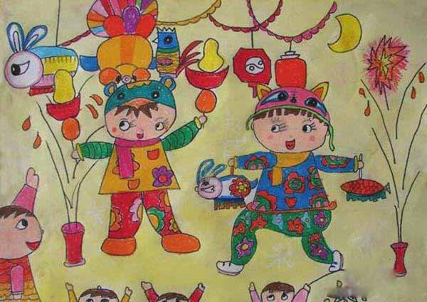 放烟花提灯笼欢度春节儿童水彩画作品图片-www.qqscb.com