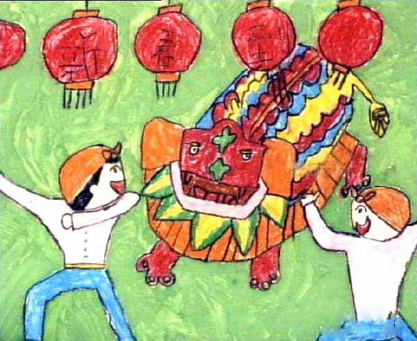 喜迎春节舞狮儿童绘画作品图片-www.qqscb.com
