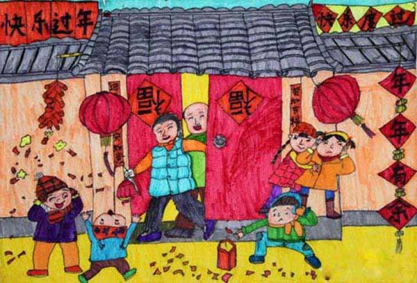 放鞭炮快乐过年春节儿童绘画作品图片-www.qqscb.com