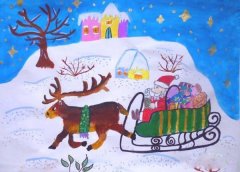 获奖儿童水彩画作品图片＂麋鹿上的圣诞老人＂