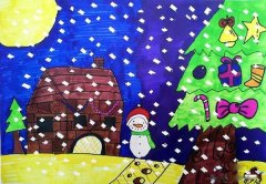 圣诞节下雪儿童水彩画作品图片大全
