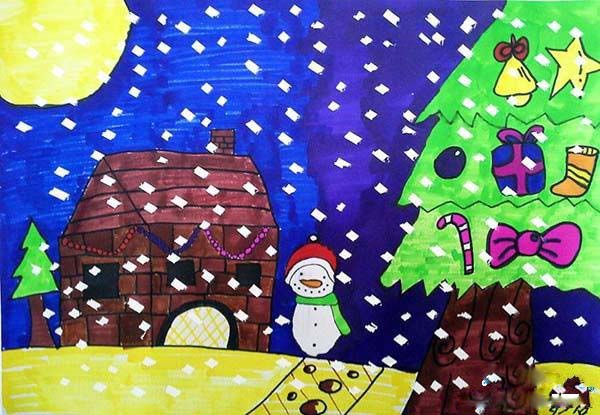 圣诞节下雪儿童水彩画作品图片大全-www.qqscb.com