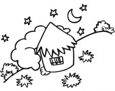 绘画夜空下可爱小屋简笔画图片素描