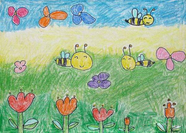 飞舞的小蜜蜂春天幼儿园蜡笔画图片-www.qqscb.com
