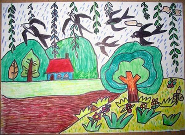 获奖小学生春天风景儿童蜡笔画作品-www.qqscb.com