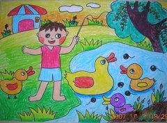 幼儿优秀春天景象儿童蜡笔画＂春天的池塘＂