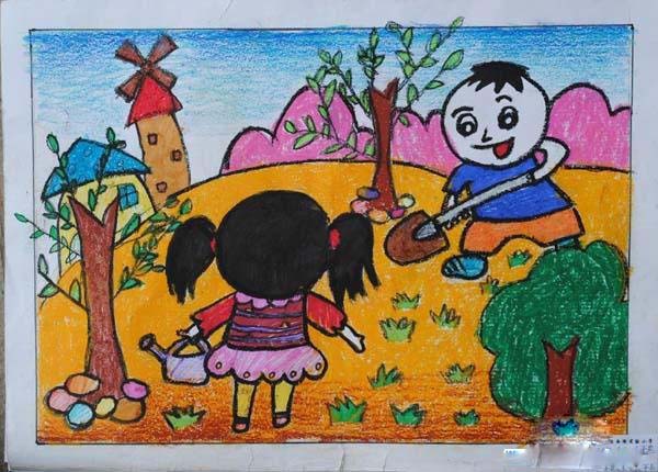 春天小学生植树儿童画作品图片欣赏-www.qqscb.com
