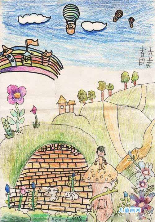 美丽的春天景象儿童蜡笔画优秀作品欣赏-www.qqscb.com