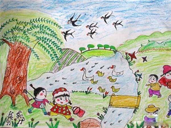 获奖美丽的春天儿童蜡笔画作品图片-www.qqscb.com