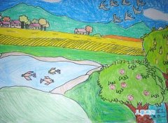 获奖二年级秋天的田野景色儿童画作品图片