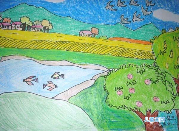获奖二年级秋天的田野景色儿童画作品图片-www.qqscb.com