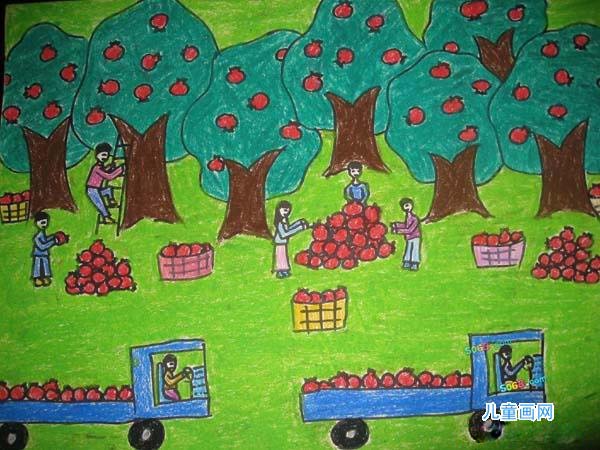 秋天主题果树丰收的季节景象儿童画作品-www.qqscb.com