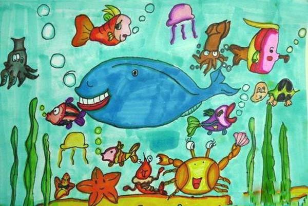海底世界大鲸鱼儿童美术绘画作品图片-www.qqscb.com