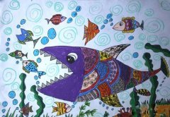 “大鱼吃小鱼”小学四年级海底世界儿童画作品