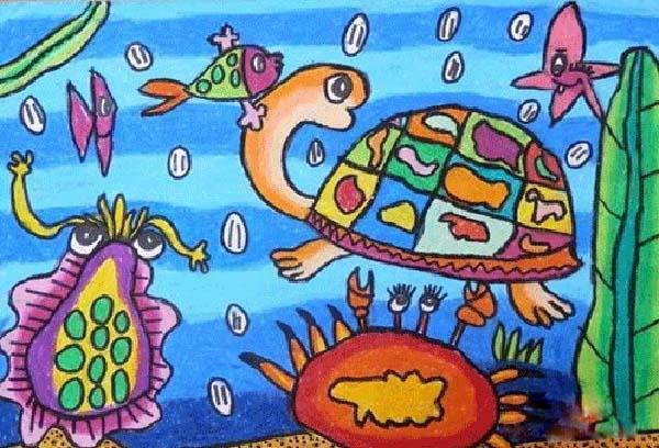 小学三年级海底世界大乌龟儿童画作品-www.qqscb.com